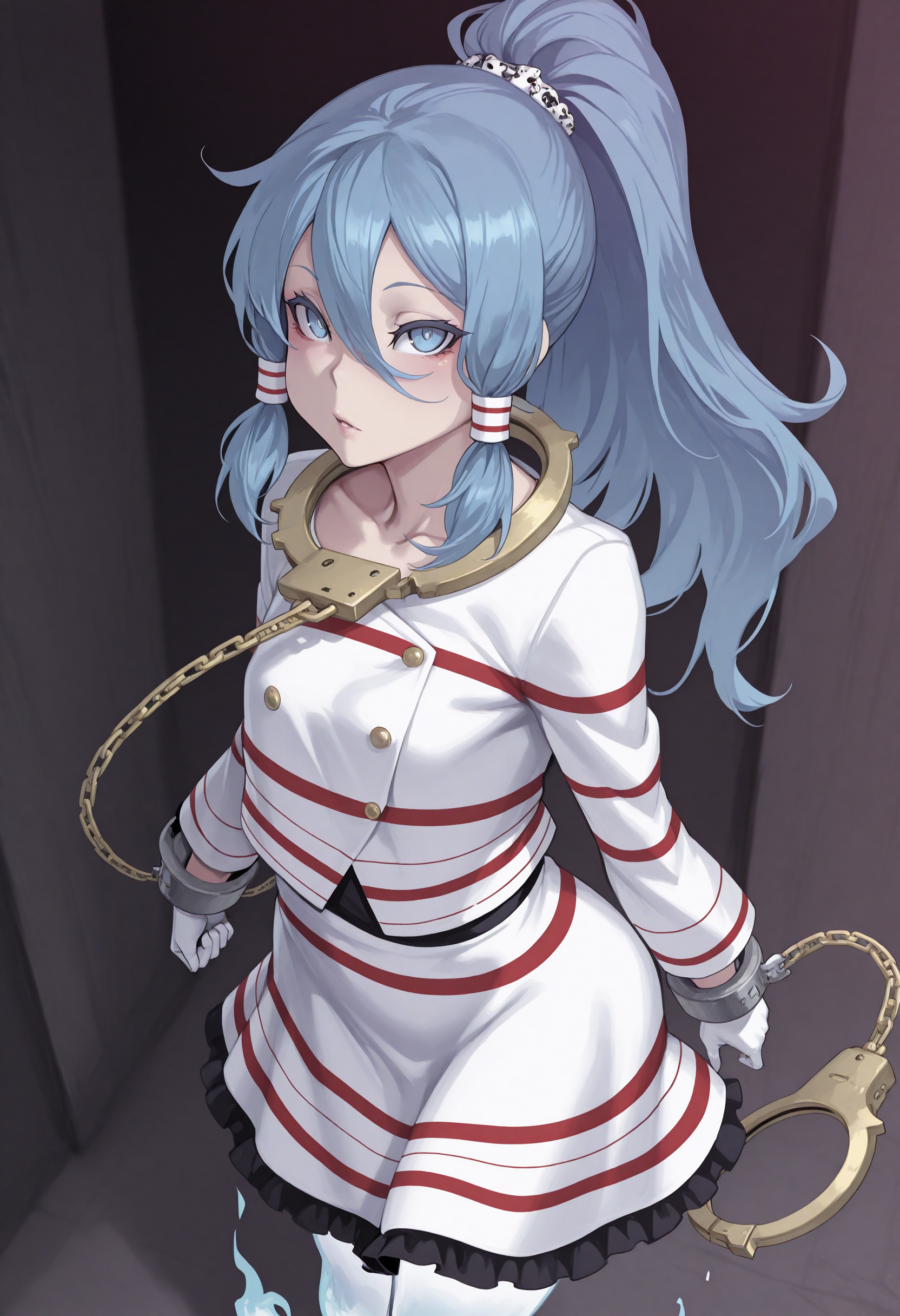 19199-3593281415-_lora_Miyadeguchi_Mizuchi_illuV01_1_,MM_FDS,blue hair, long hair, skull hair tie, ponytail, striped hair tubes, hair between eye.png